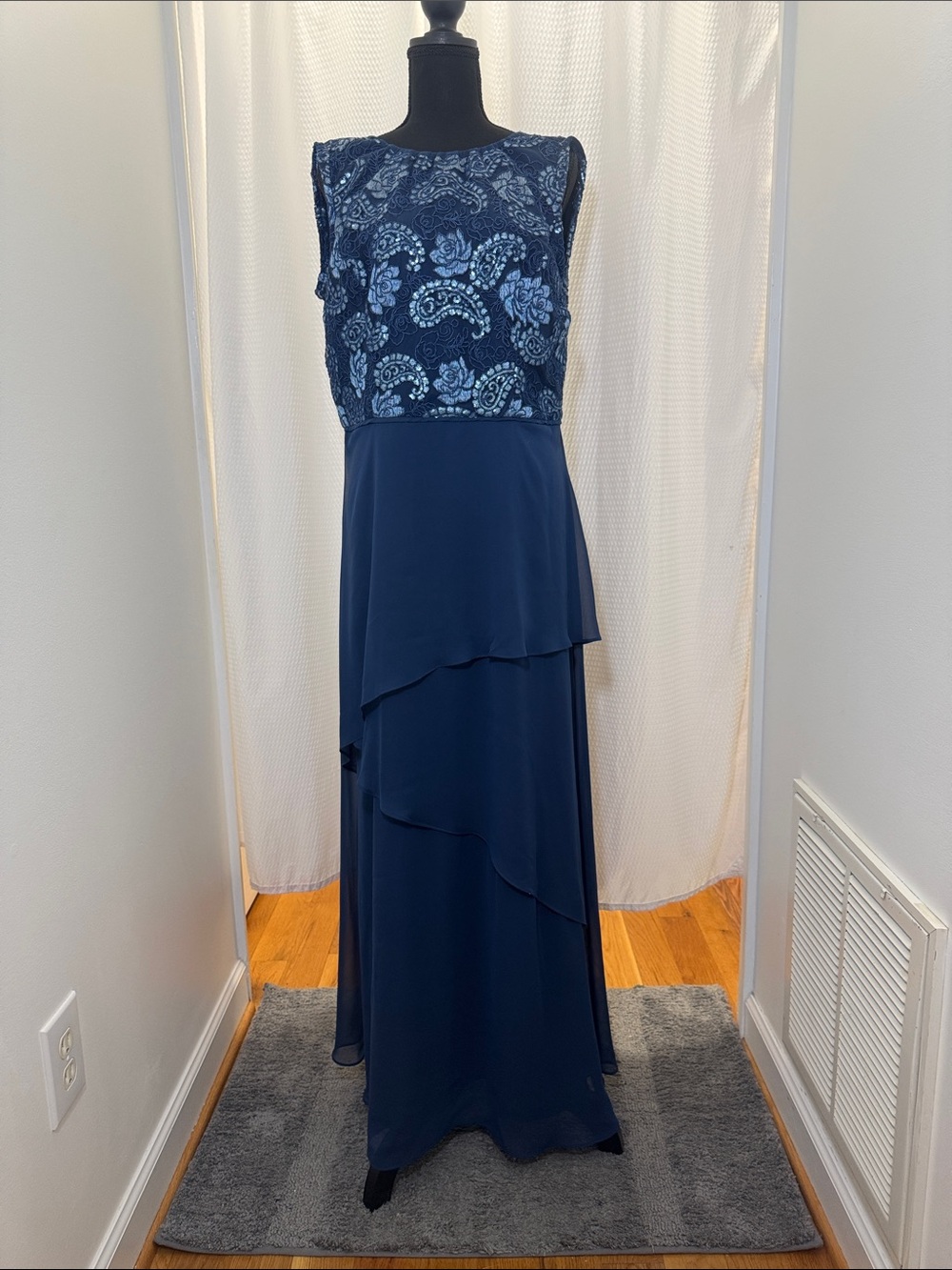 Navy Blue Lace Bodice Layered Skirt Evening Dress by Le Bos